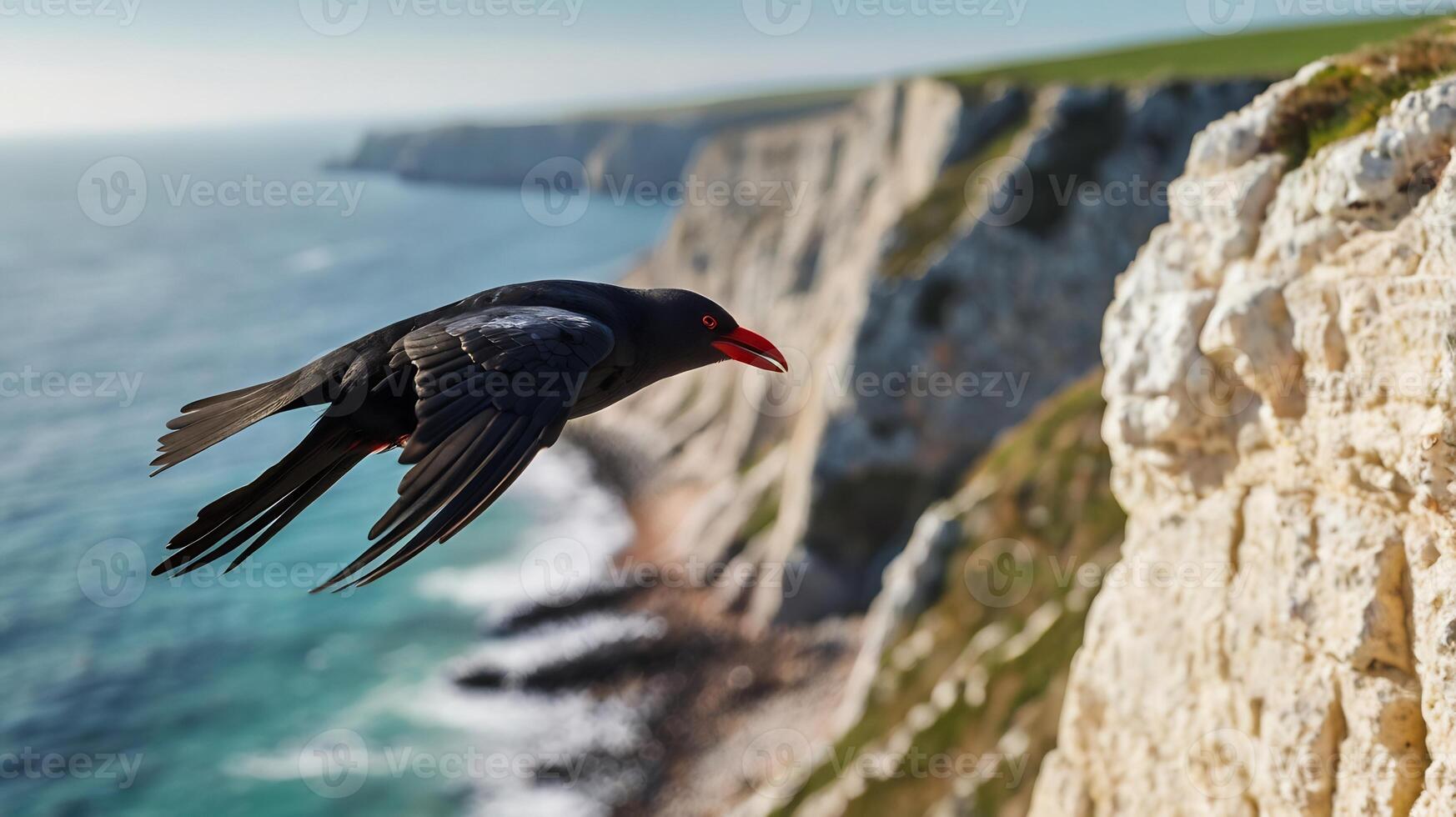 A black bird flying over a cliff near the ocean photo