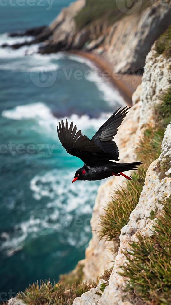 A bird flying over a cliff near the ocean photo