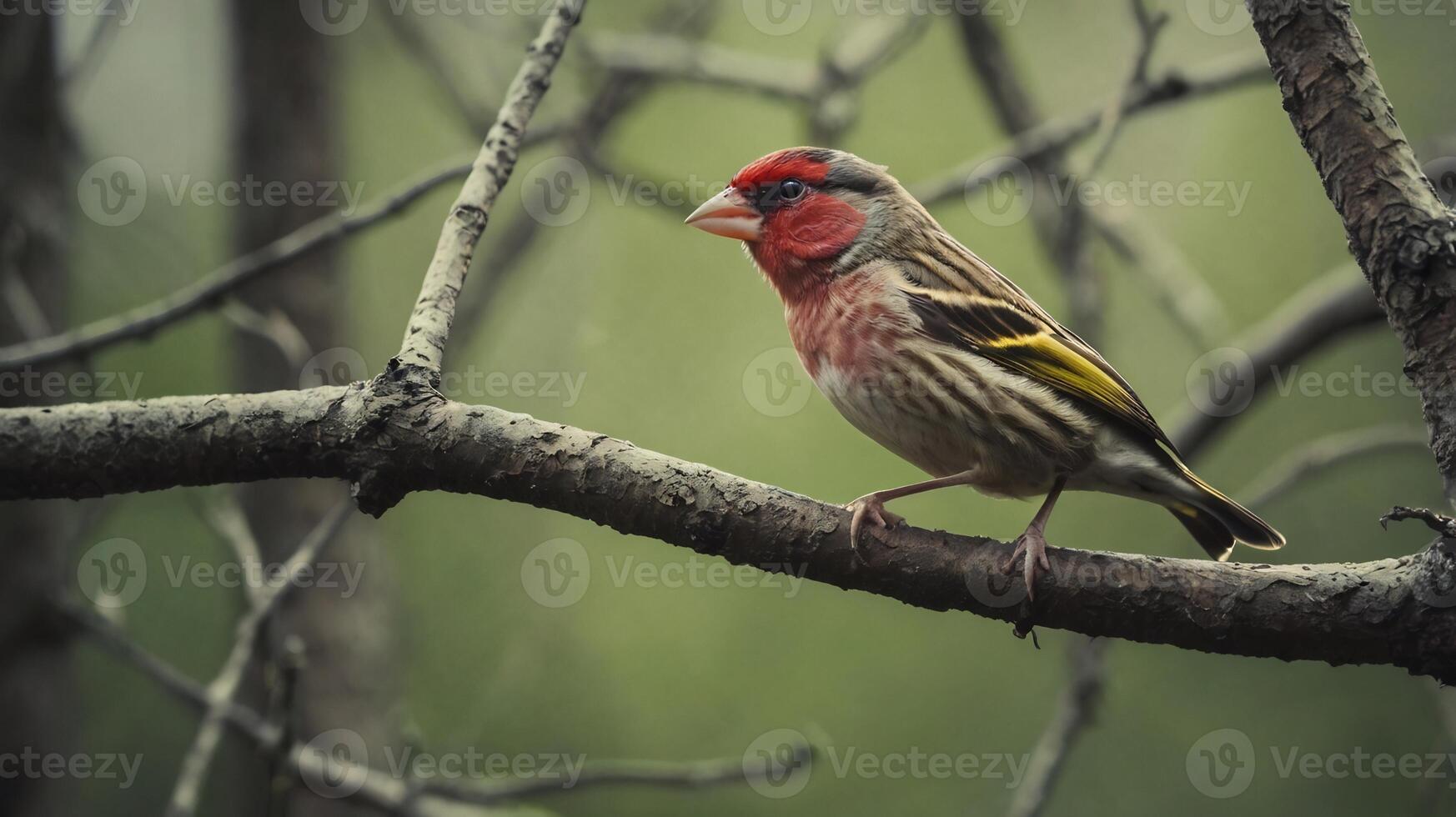 A red bird sitting on a branch with a blurry background photo