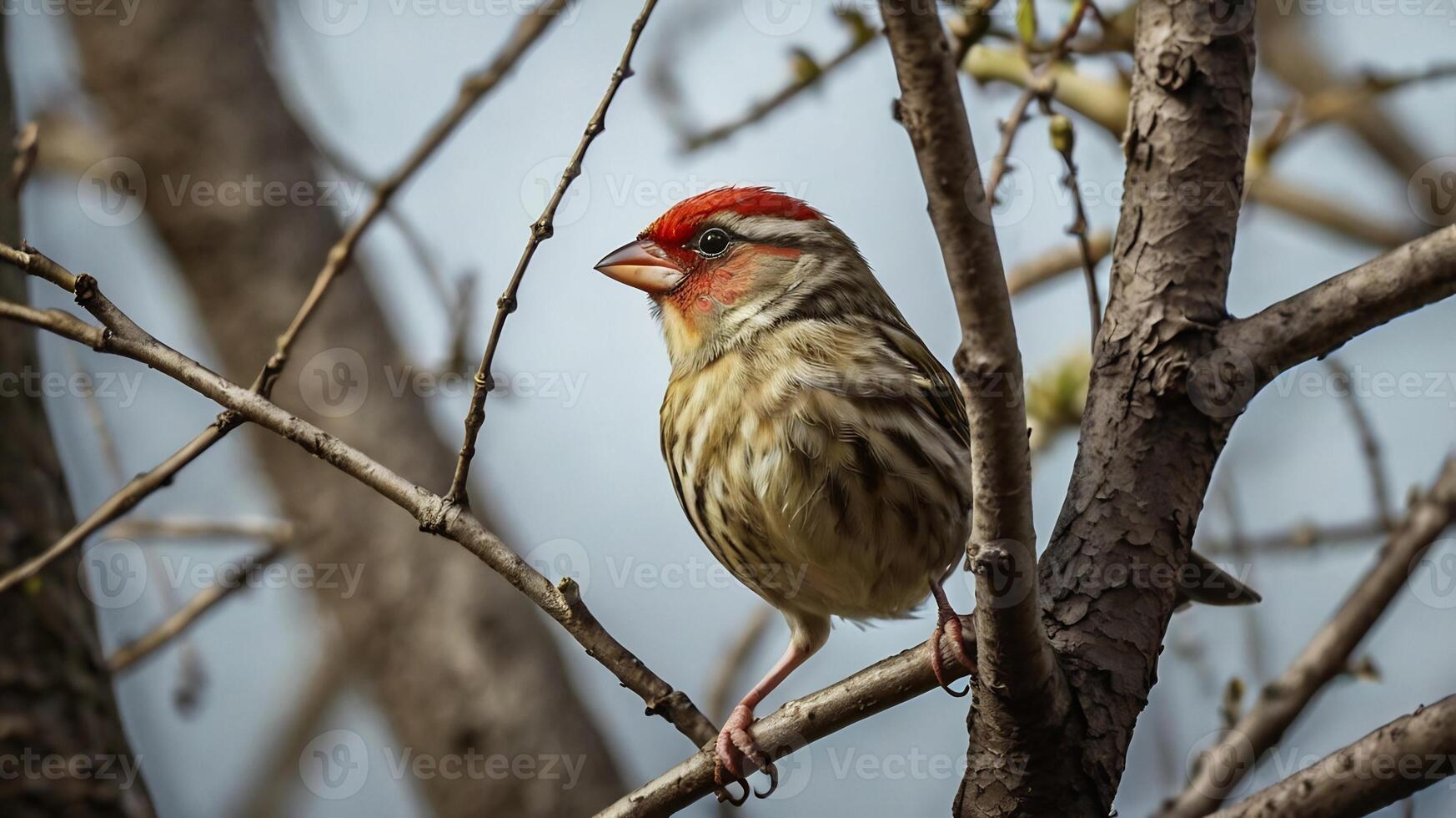A red headed bird sitting on a branch photo