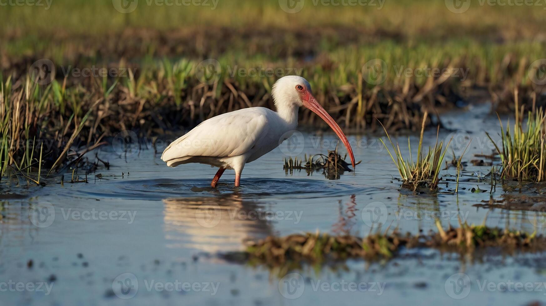 A white bird with a long beak is standing in the water photo