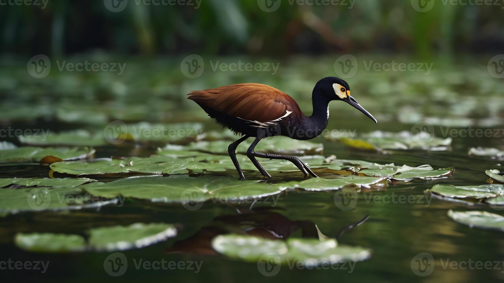 A bird with long legs standing on top of lily pads photo