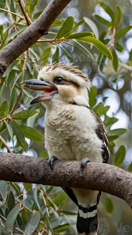 A bird sitting on a branch with its mouth open photo