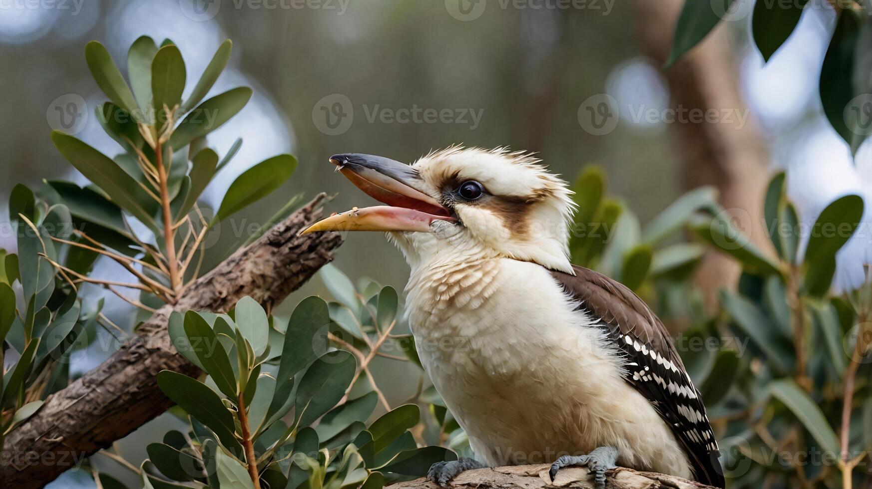 A bird with its beak open on a branch photo