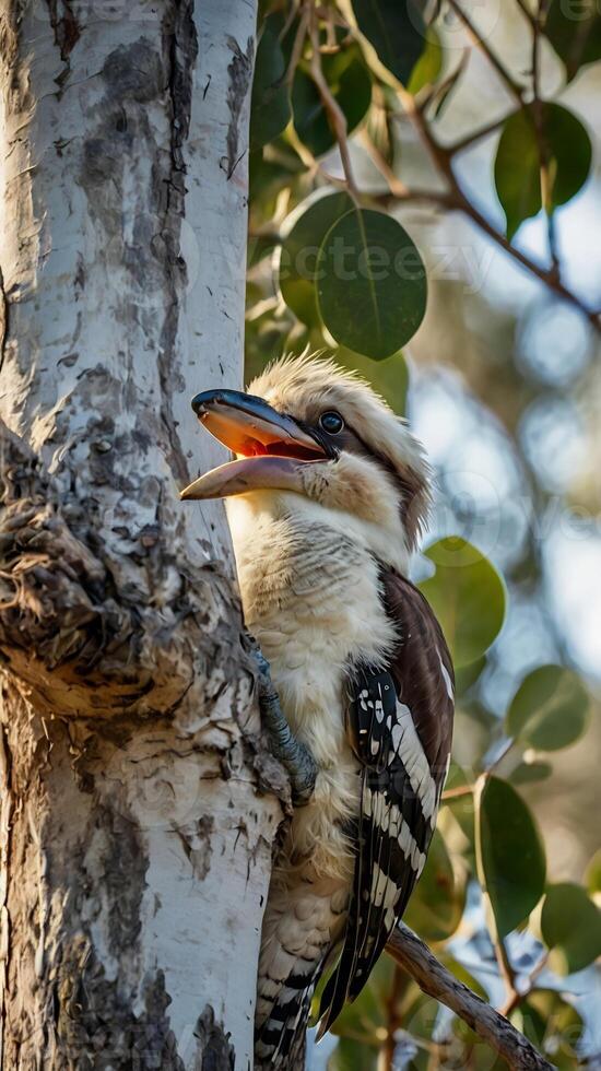 A bird sitting on a tree branch with its beak open photo