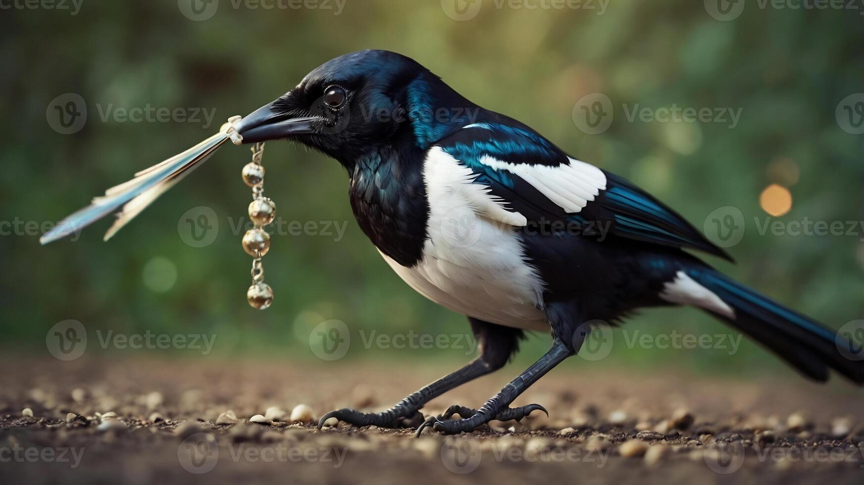 A magpie is holding a feather in its beak photo
