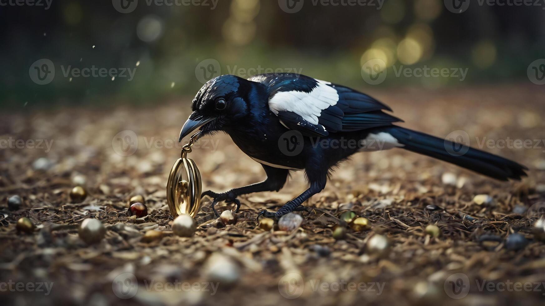 A black and white bird with a white beak is eating some gold coins photo