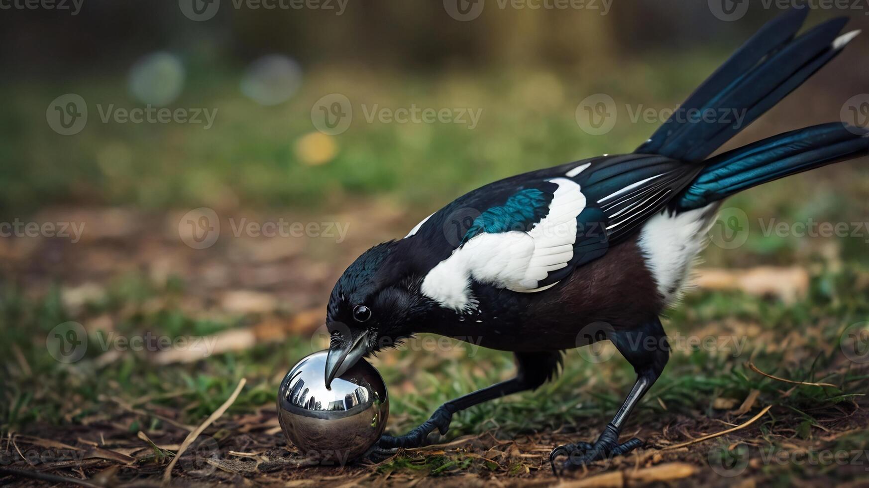 A magpie eating a metal ball photo