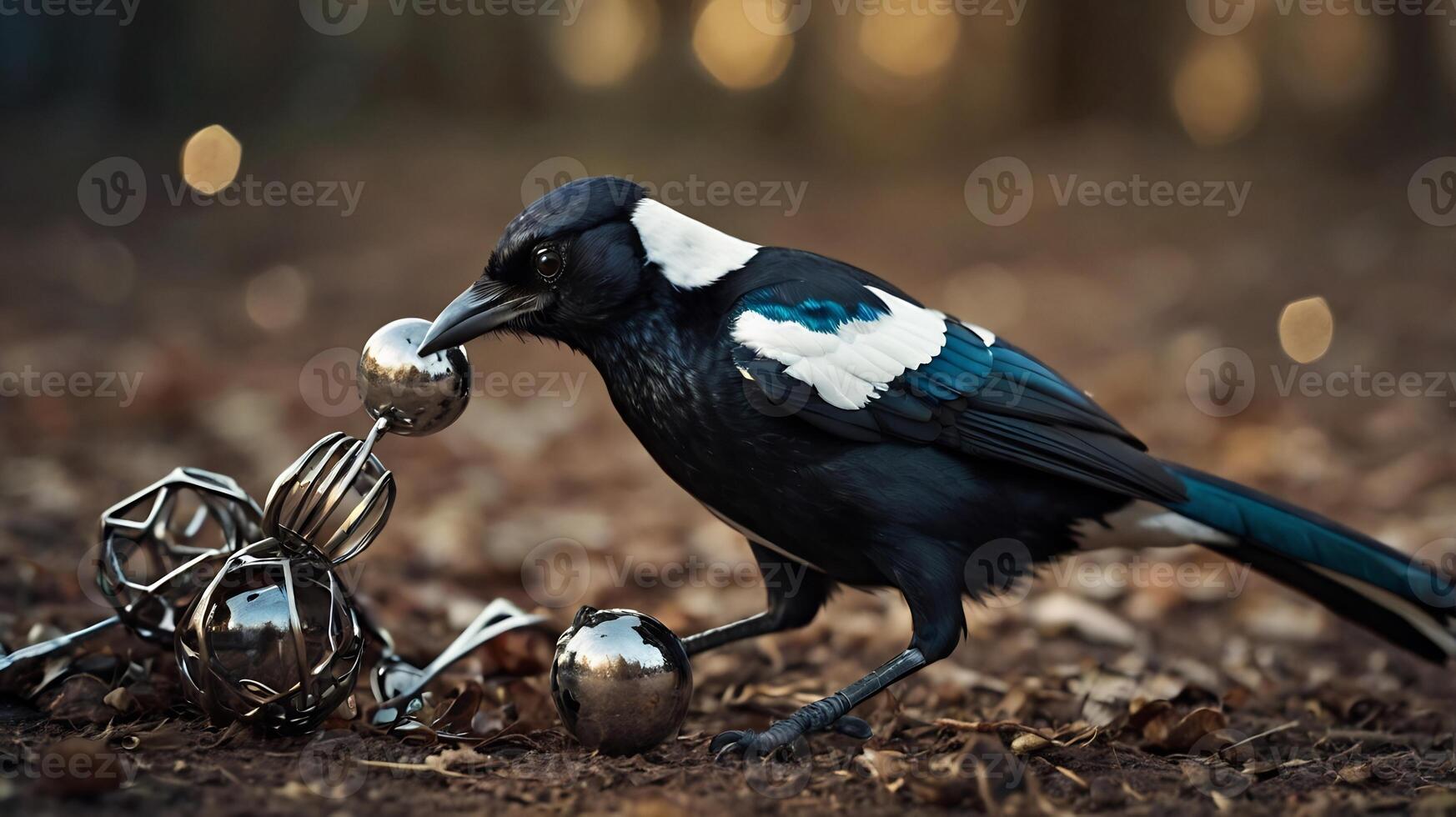 A black and white bird with a silver ball in its beak photo