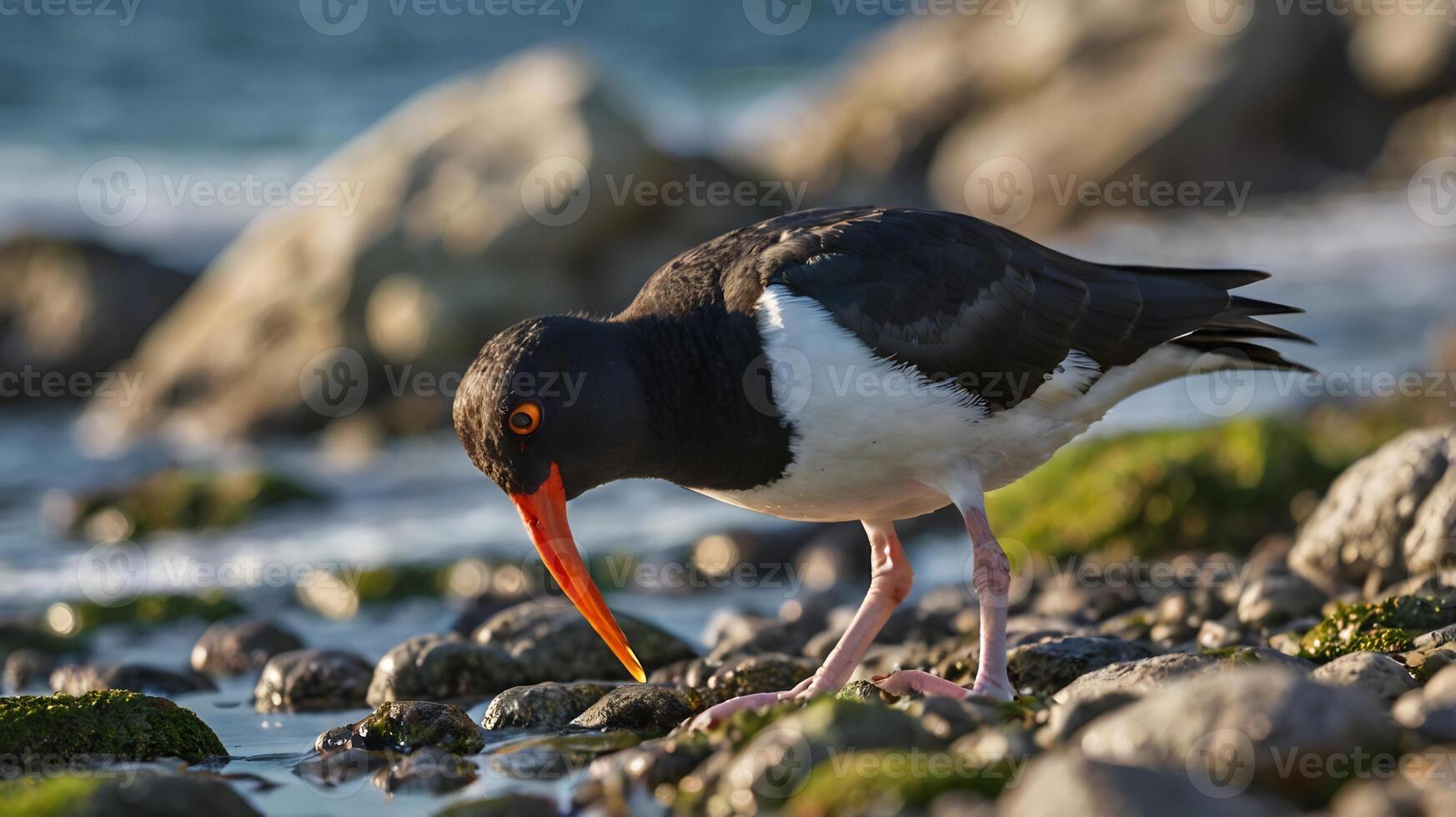A black and white bird with an orange beak photo