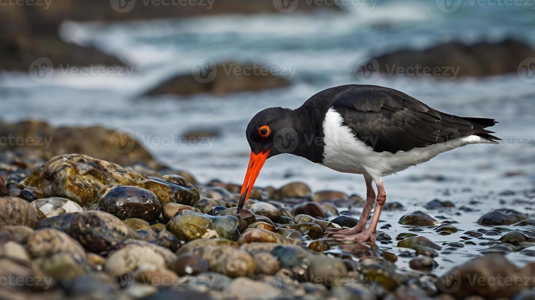 A black and white bird with an orange beak is standing on the beach photo