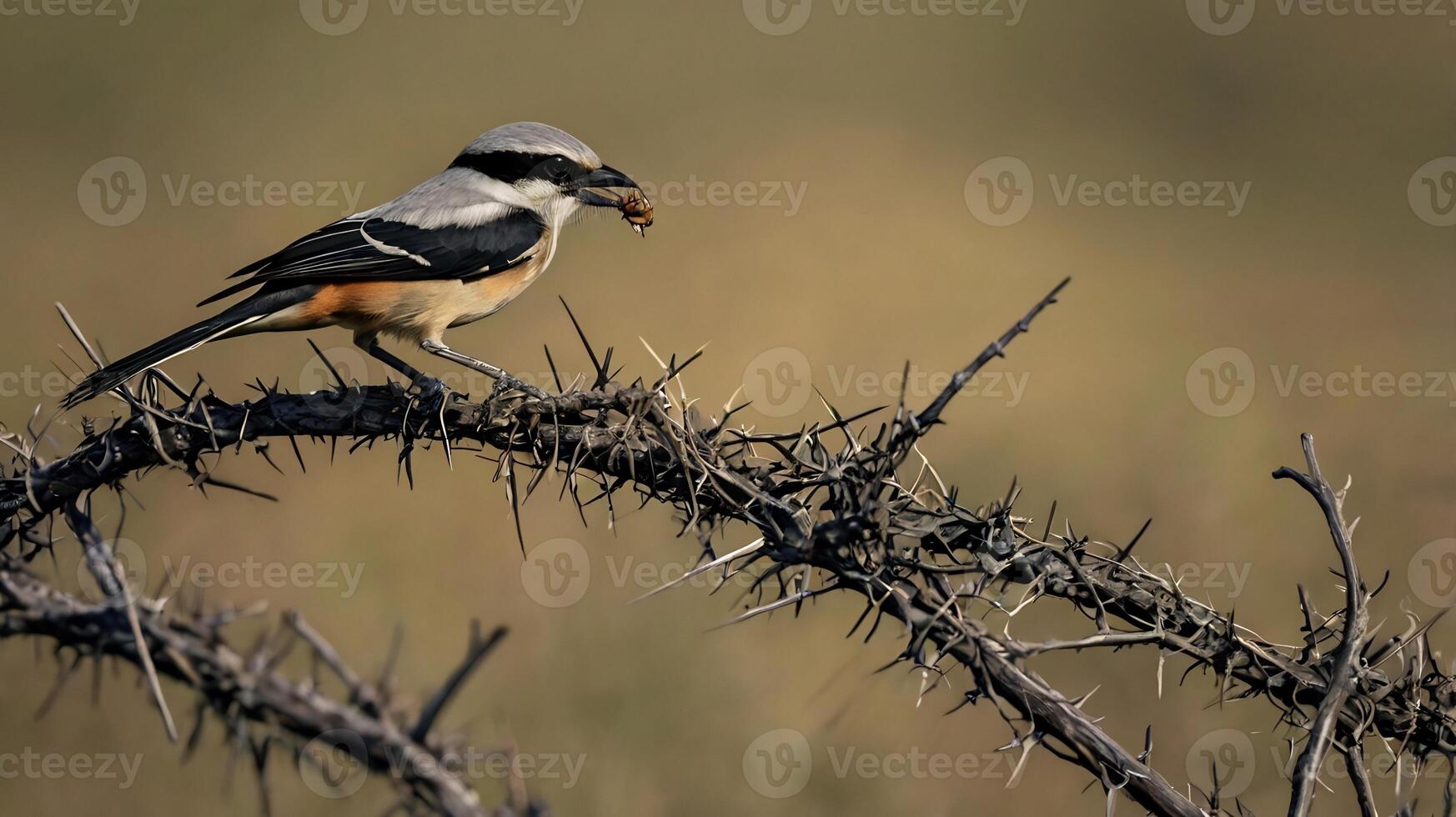 A bird sitting on a thorny branch with a worm in its beak photo