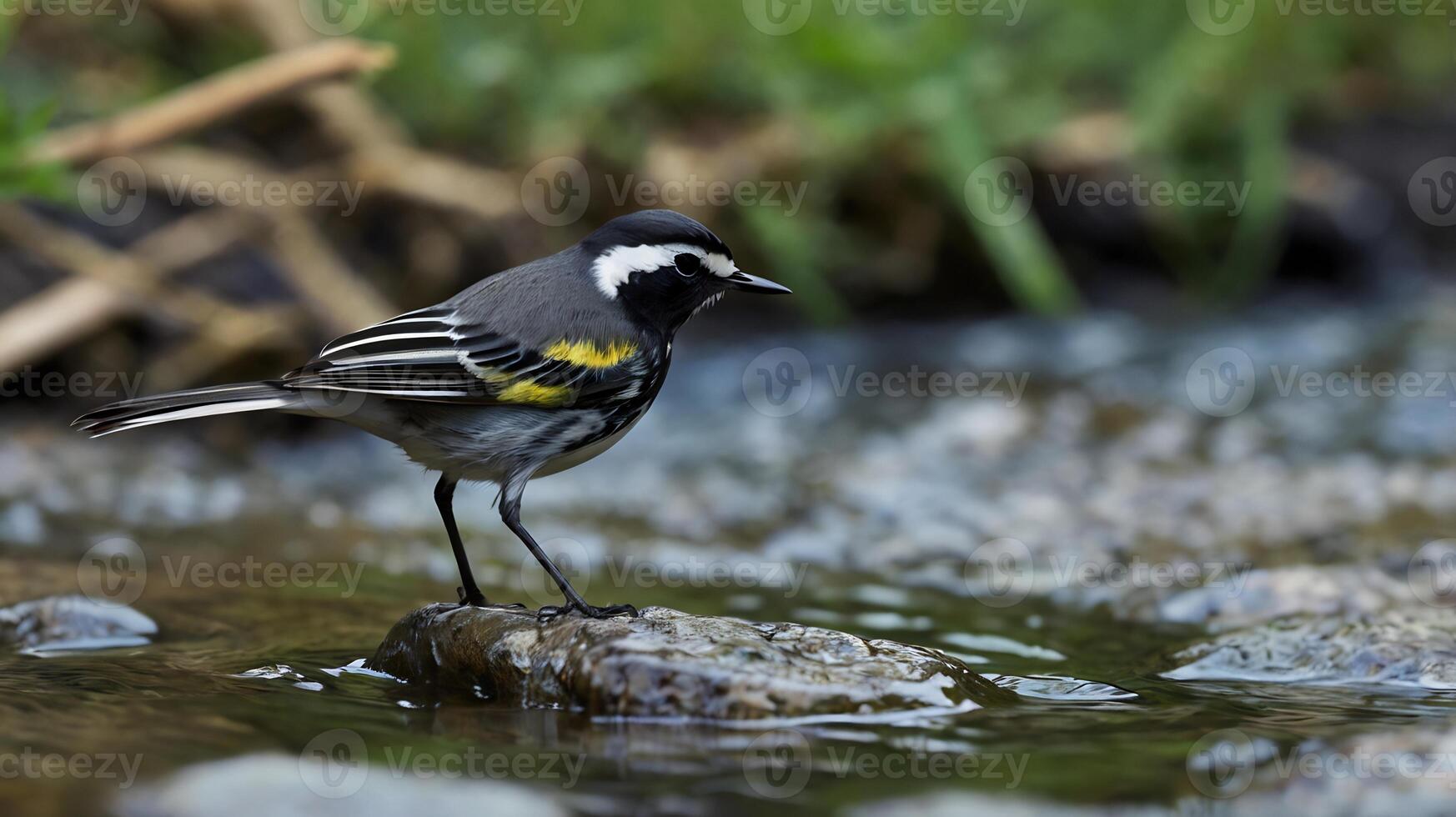 A small bird standing on a rock in a stream photo