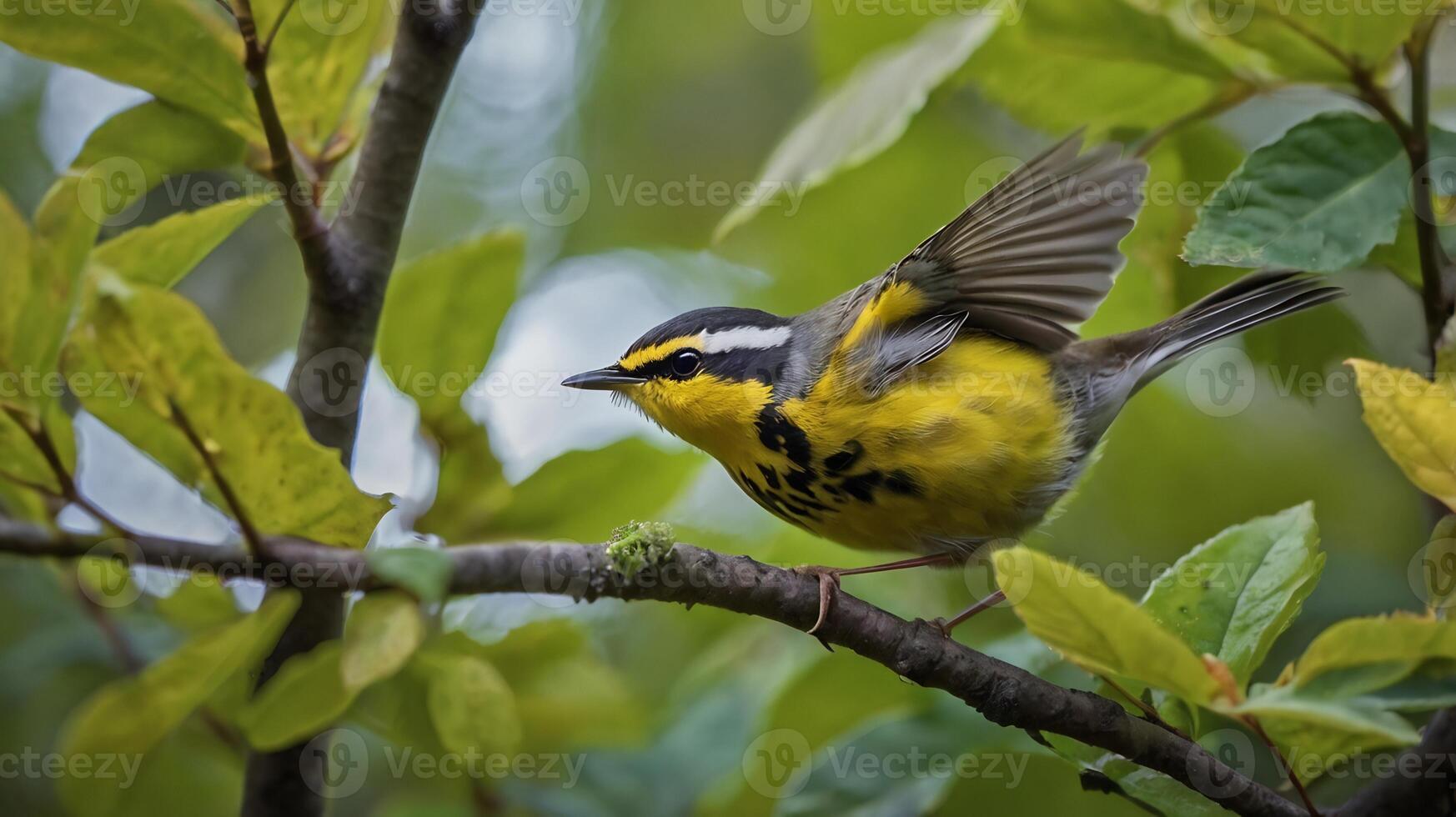 A yellow and black bird sitting on a branch photo