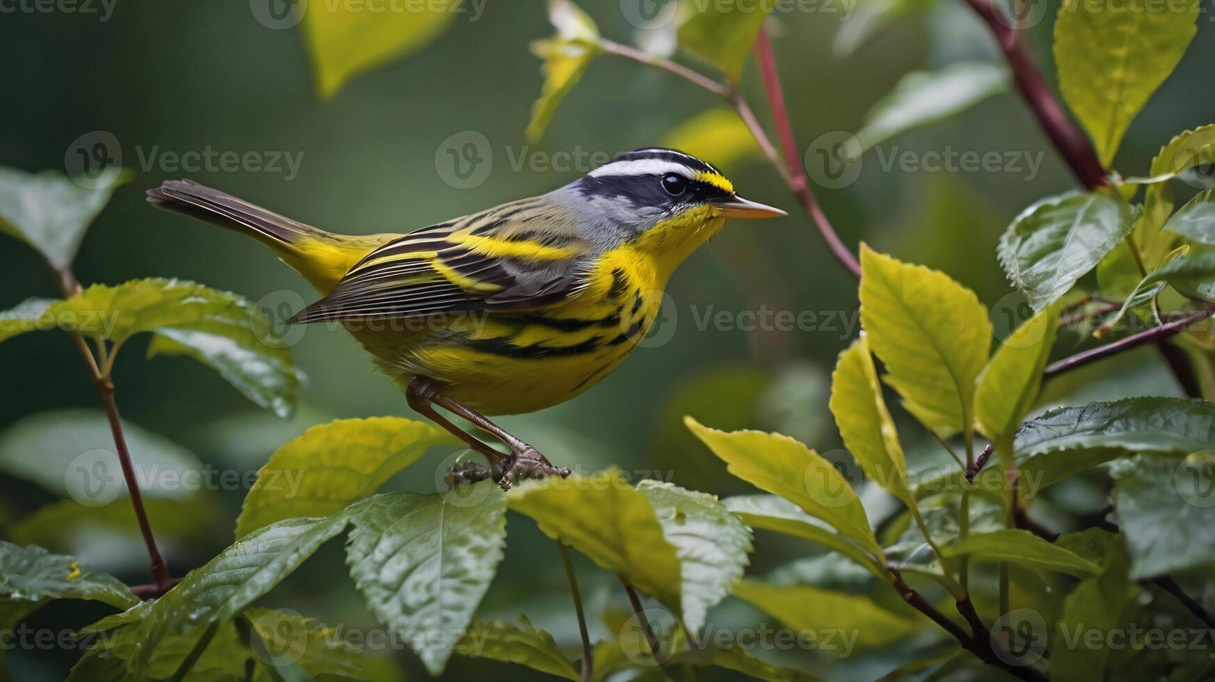 A yellow and black bird is perched on a branch photo