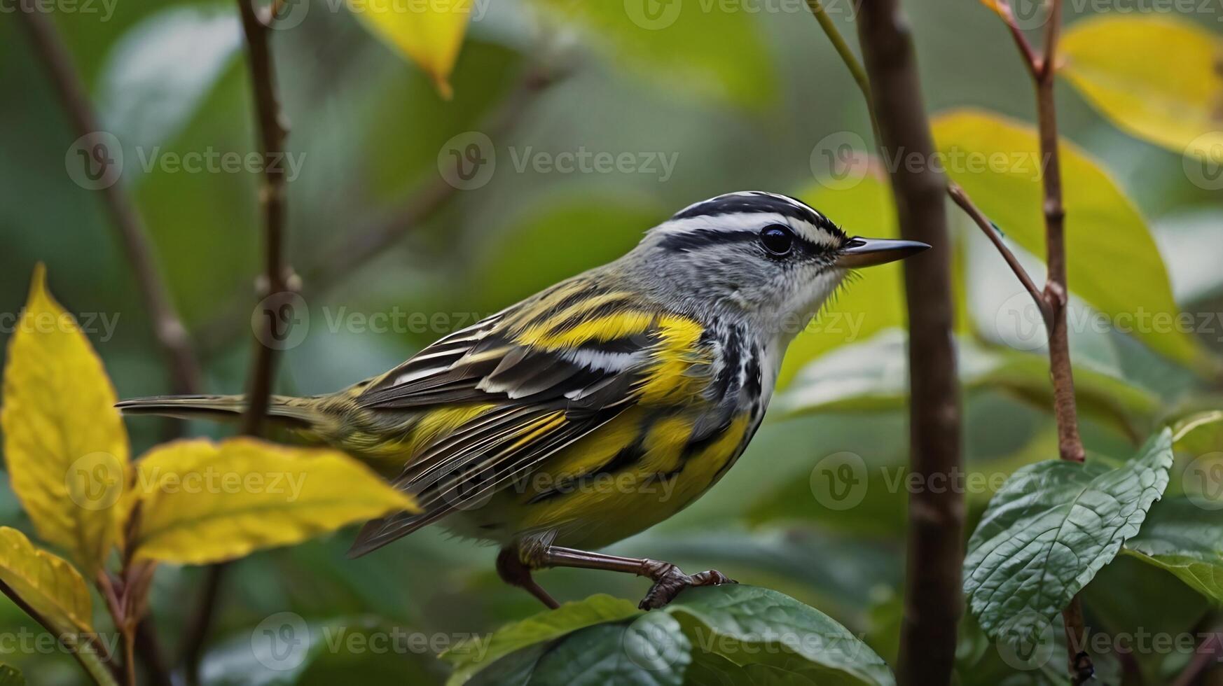 A yellow and black bird perched on a branch photo