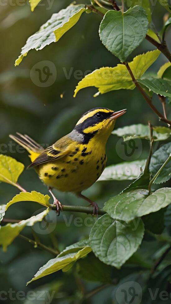 A yellow bird perched on a branch with leaves photo