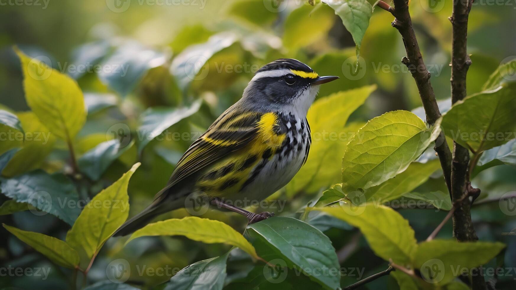 A yellow and black bird sitting on a branch photo
