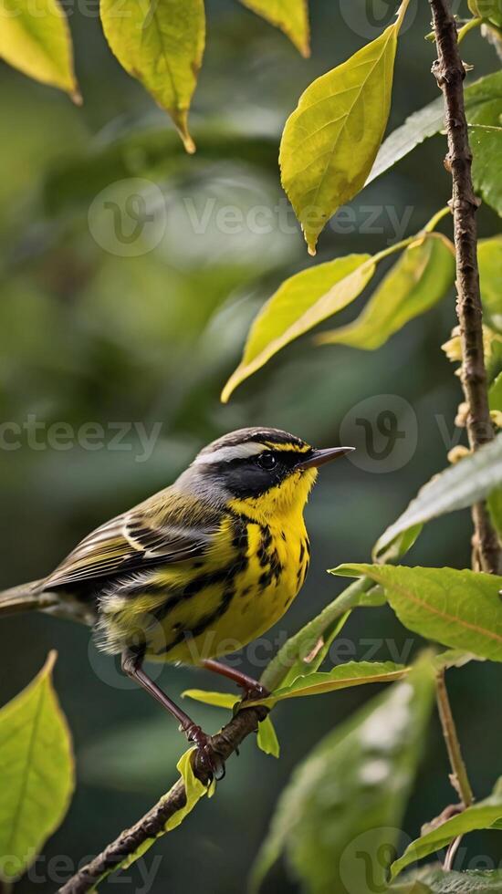 A yellow and black bird sitting on a branch photo