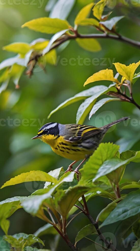 A yellow and black bird perched on a branch photo