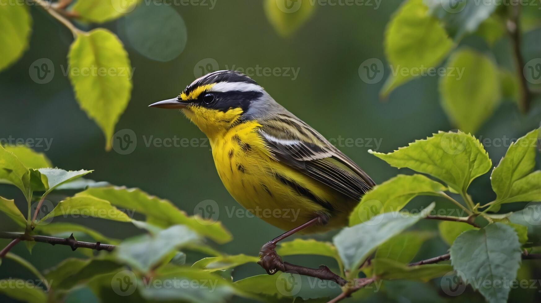 A yellow and black bird is perched on a branch photo