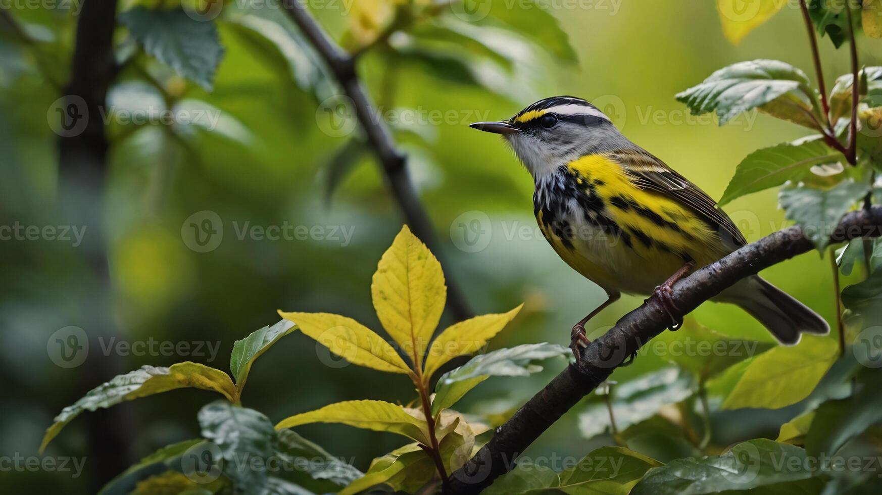 A yellow and black bird is sitting on a branch photo