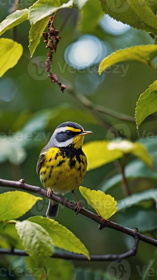 A yellow and black bird sitting on a branch photo