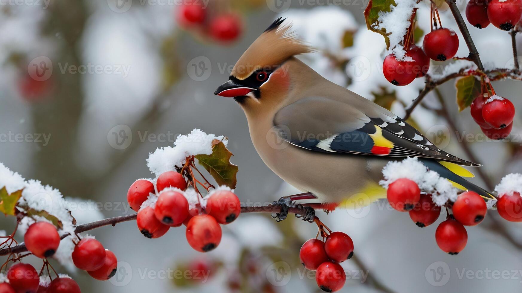 A bird sits on a branch with berries in the snow photo