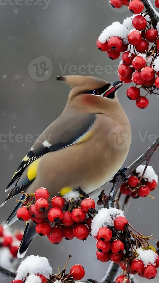 A bird is perched on a branch with berries photo