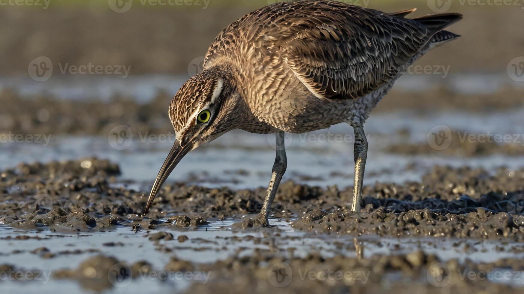 A bird with a long beak is standing in the mud photo