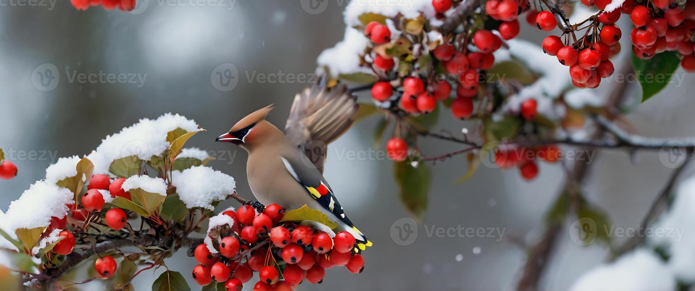 A bird is perched on a branch with berries photo