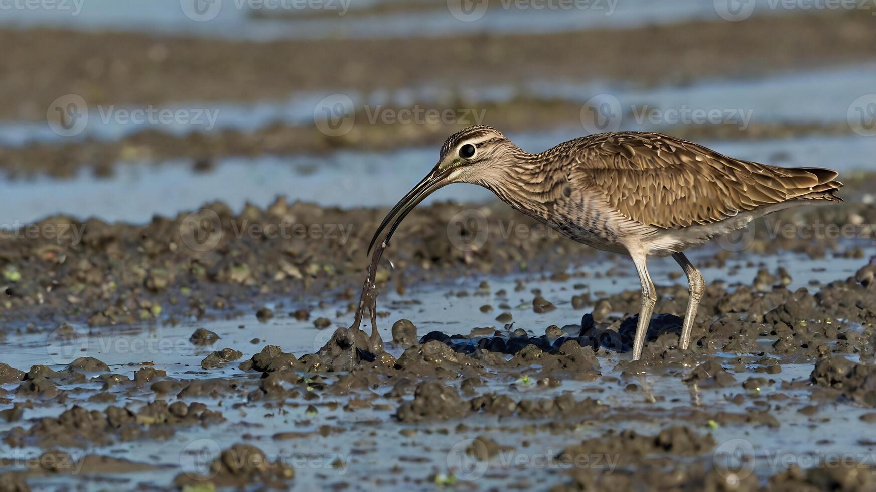A bird with a long beak is standing in the mud photo