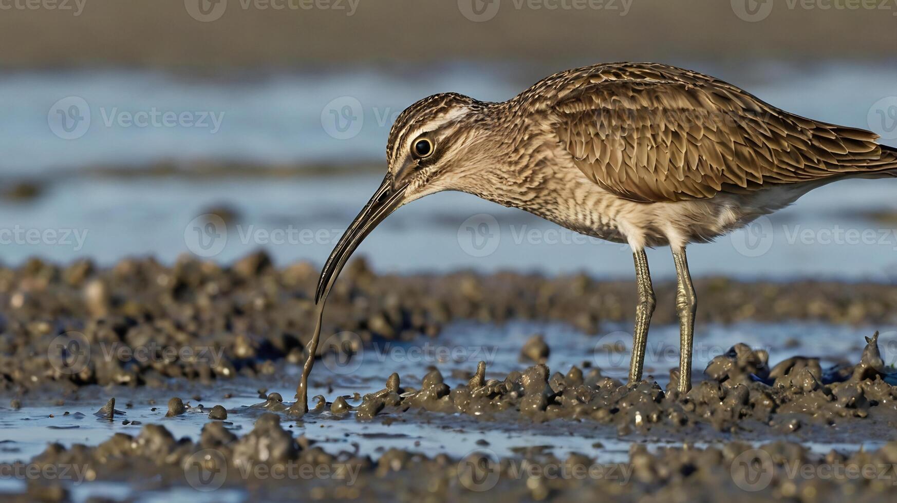 A bird with a long beak is standing in the mud photo