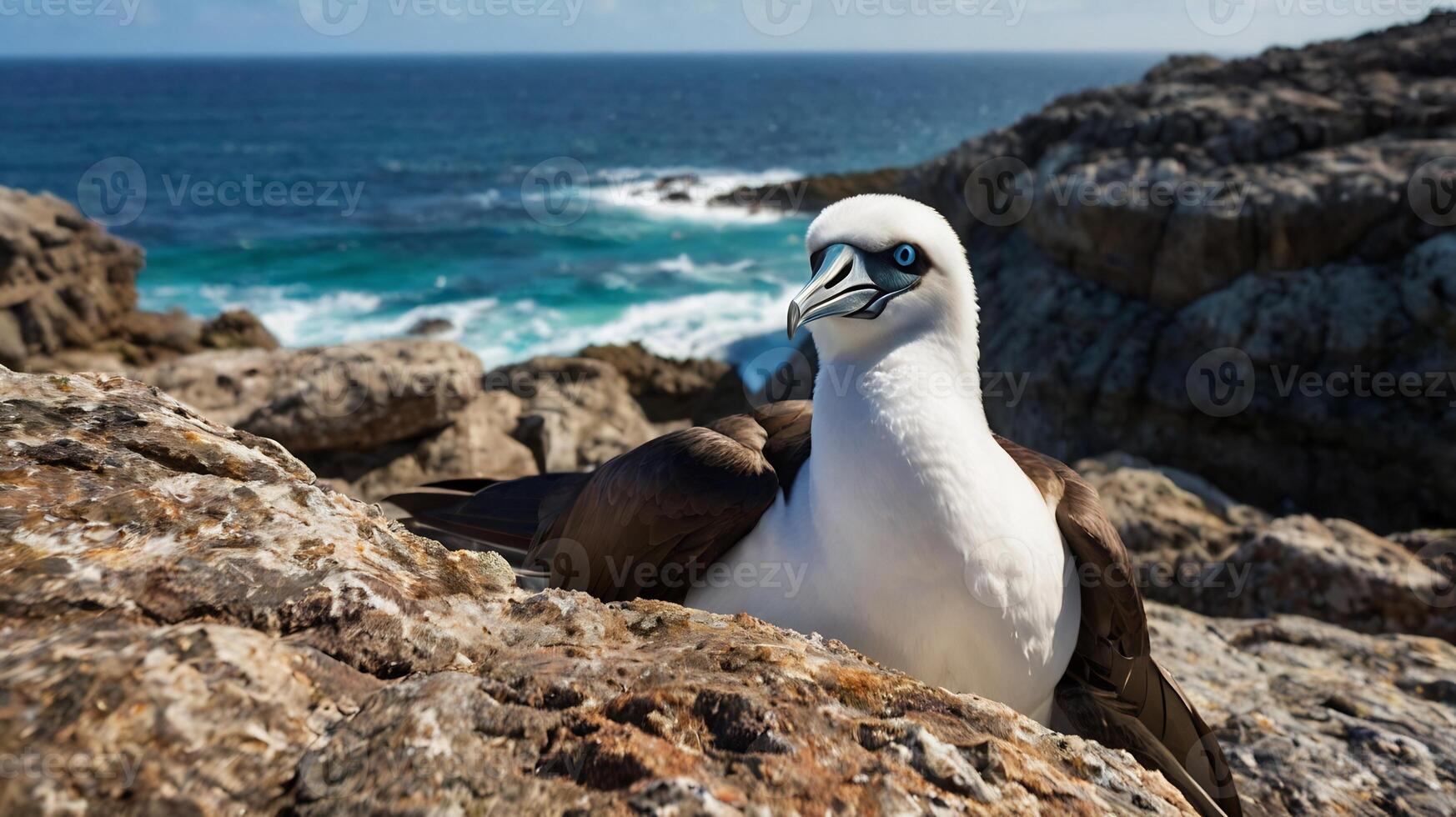 A white and black bird sitting on a rock photo