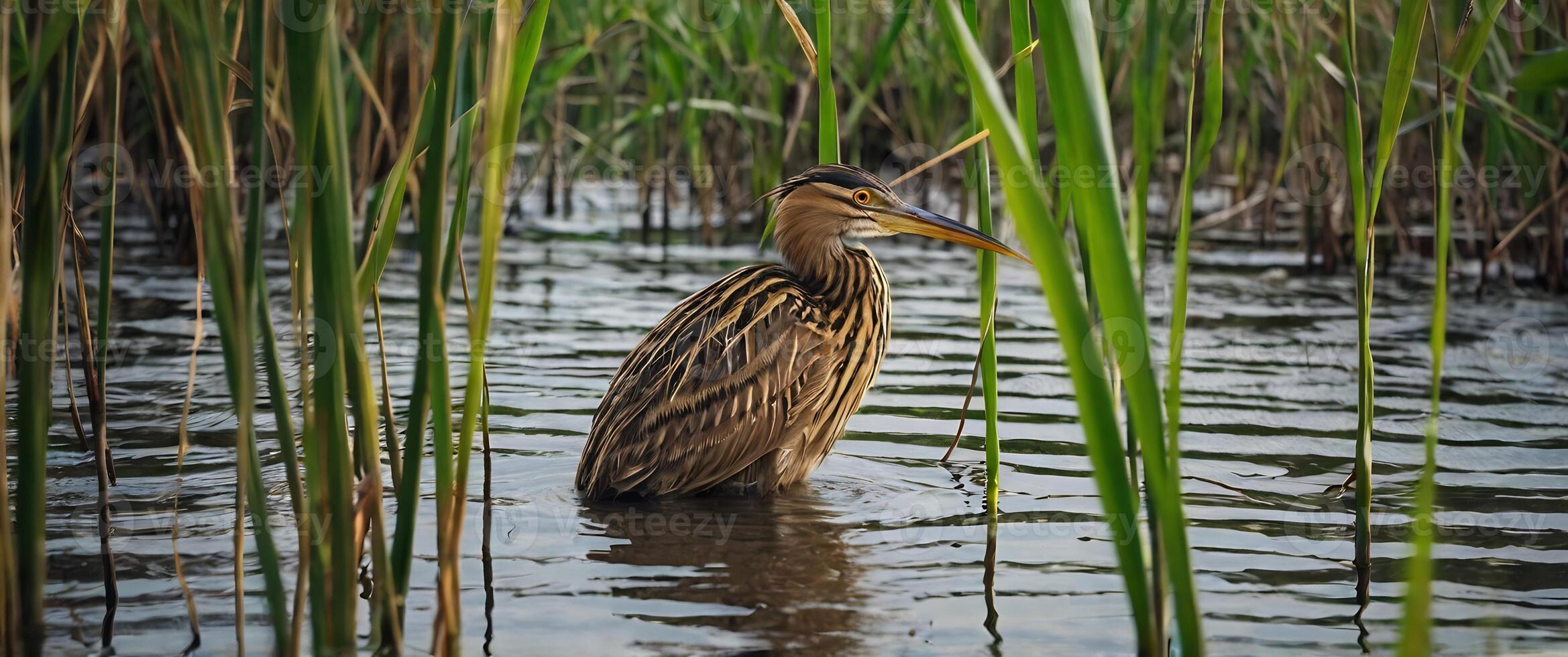 A bird is standing in the water near tall grass photo