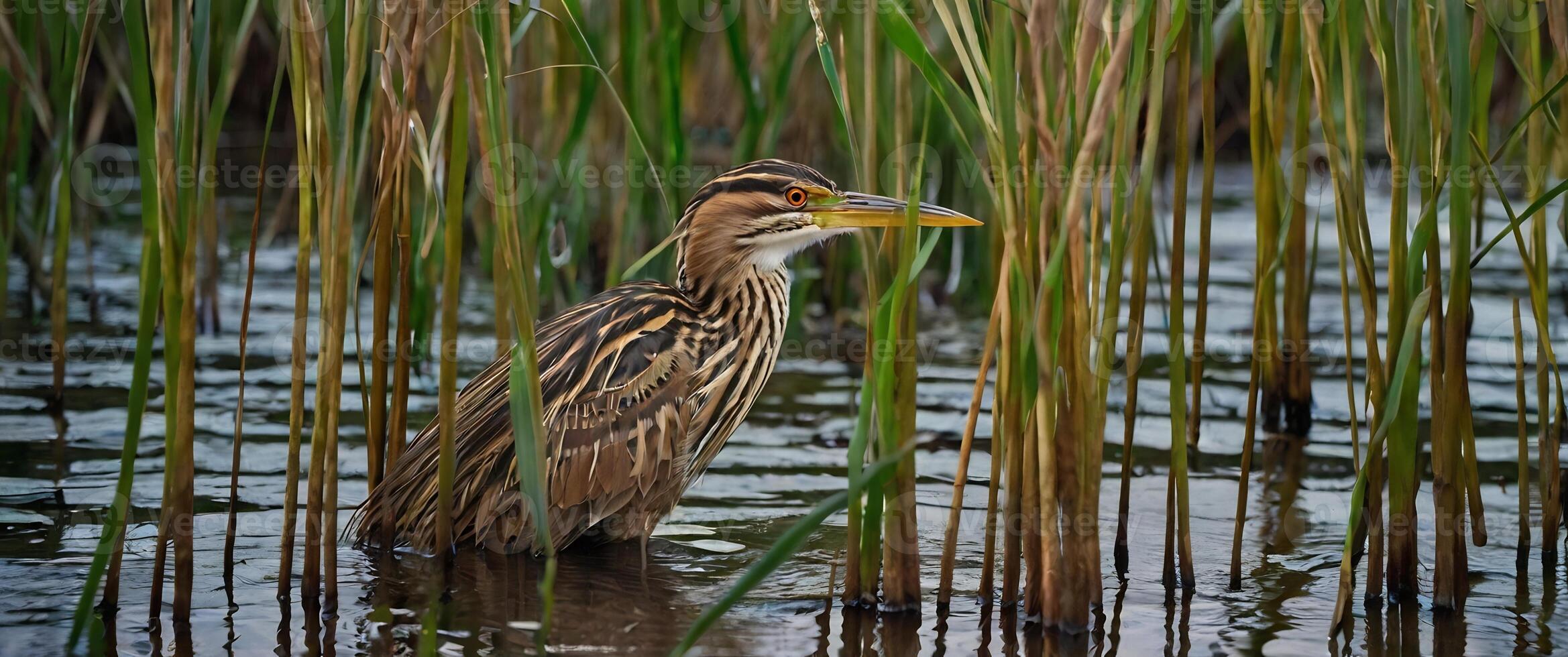A bird standing in the water near tall grass photo