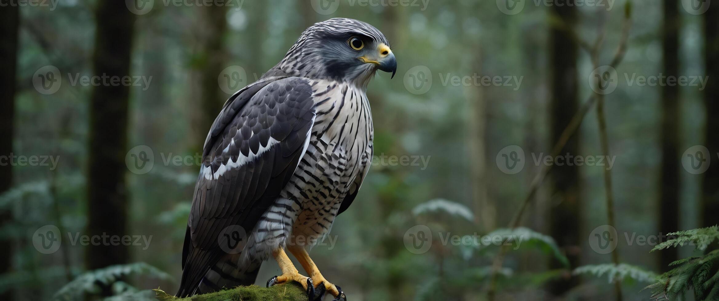 A hawk is perched on a branch in the forest photo