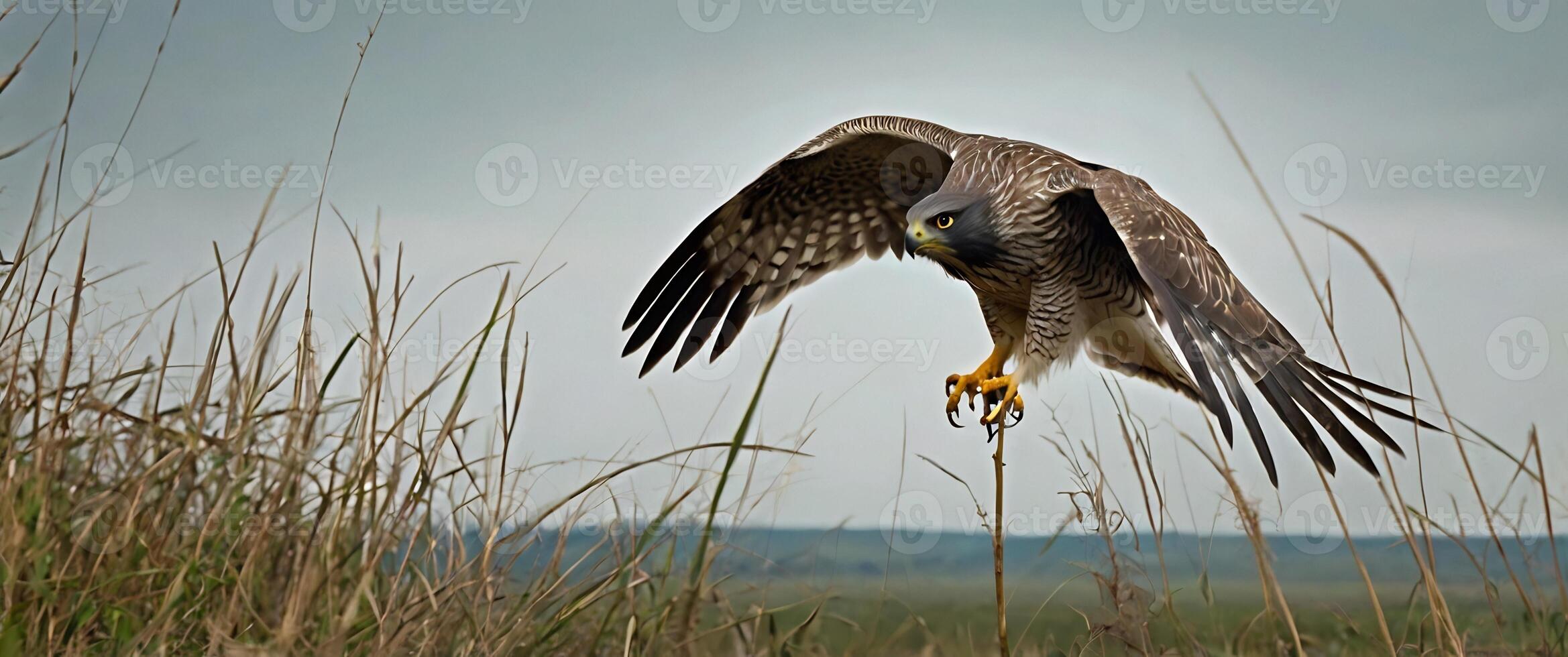 A hawk is landing on a tall grassy field photo