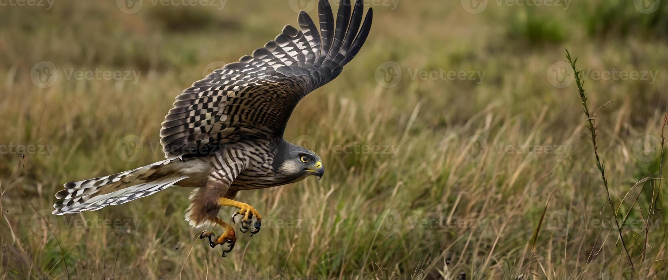 A hawk is flying over a field with grass photo