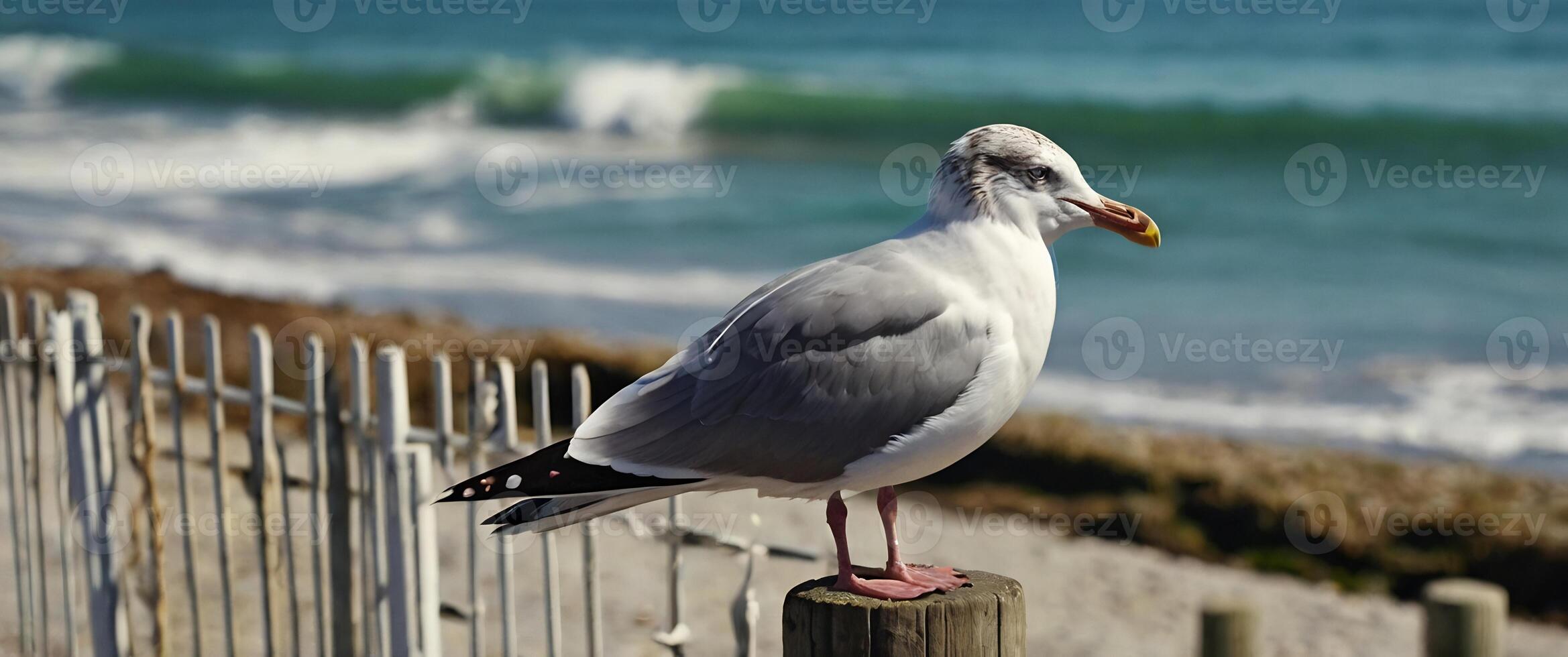 A seagull is standing on a fence post near the ocean photo