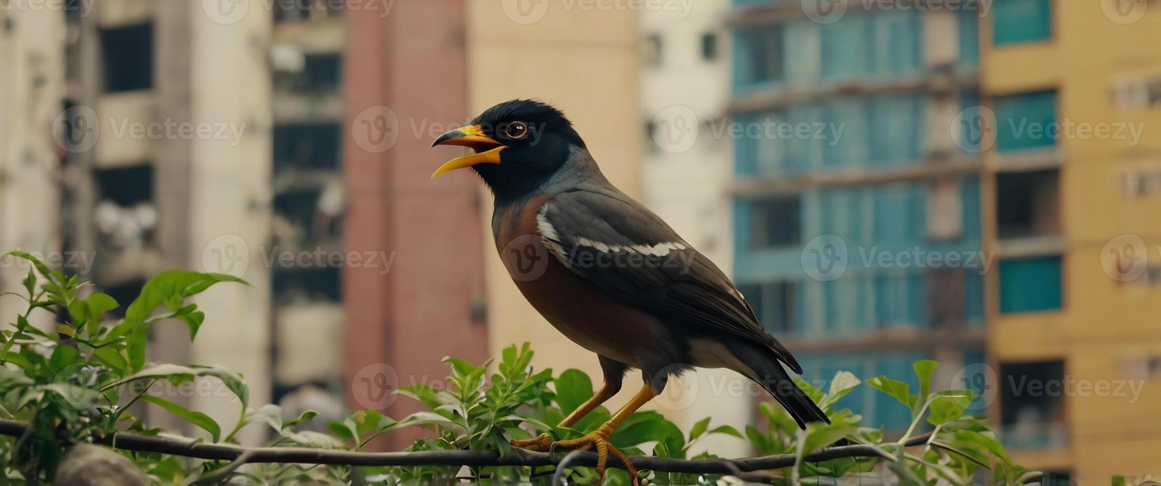 A bird is sitting on a branch in front of a building photo