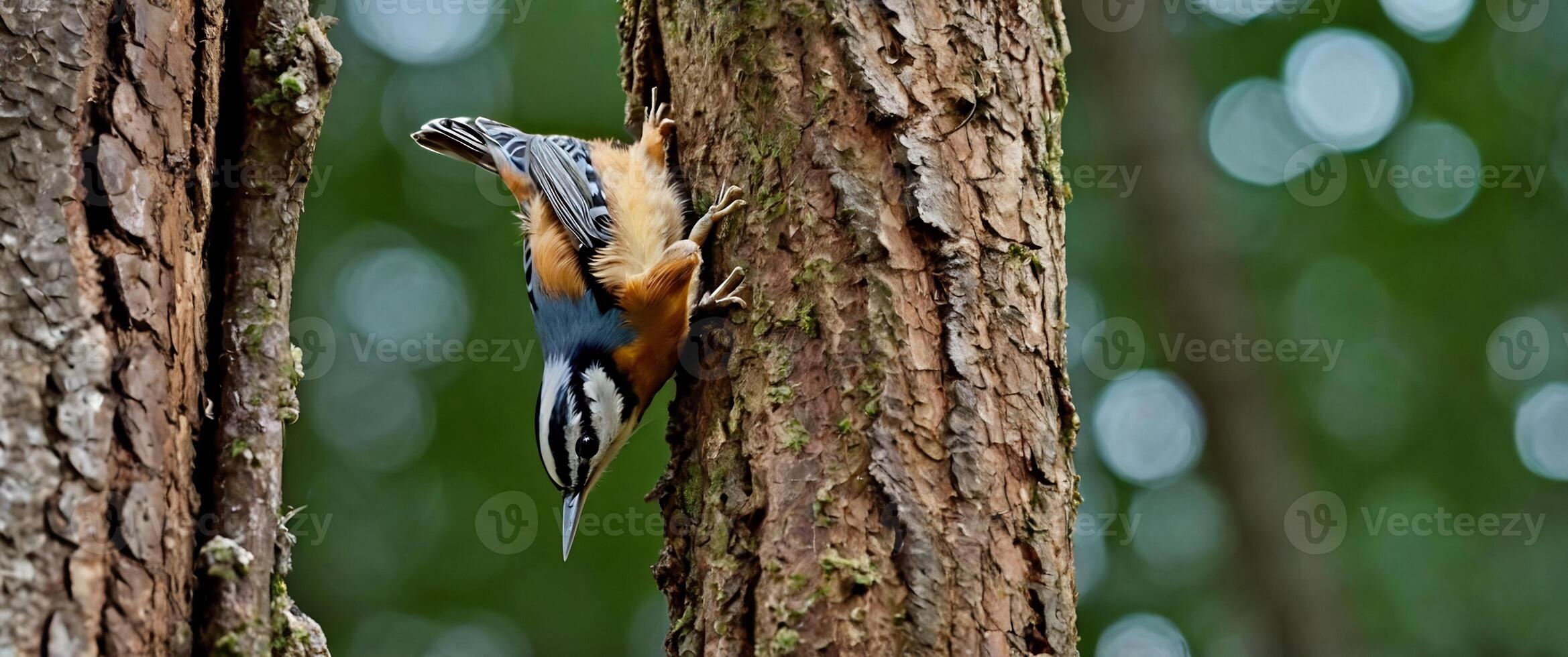 A bird is perched on a tree trunk photo