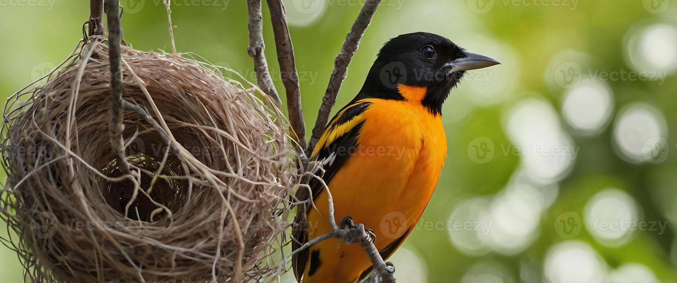 A baltimore oriole sits on a branch next to a nest photo