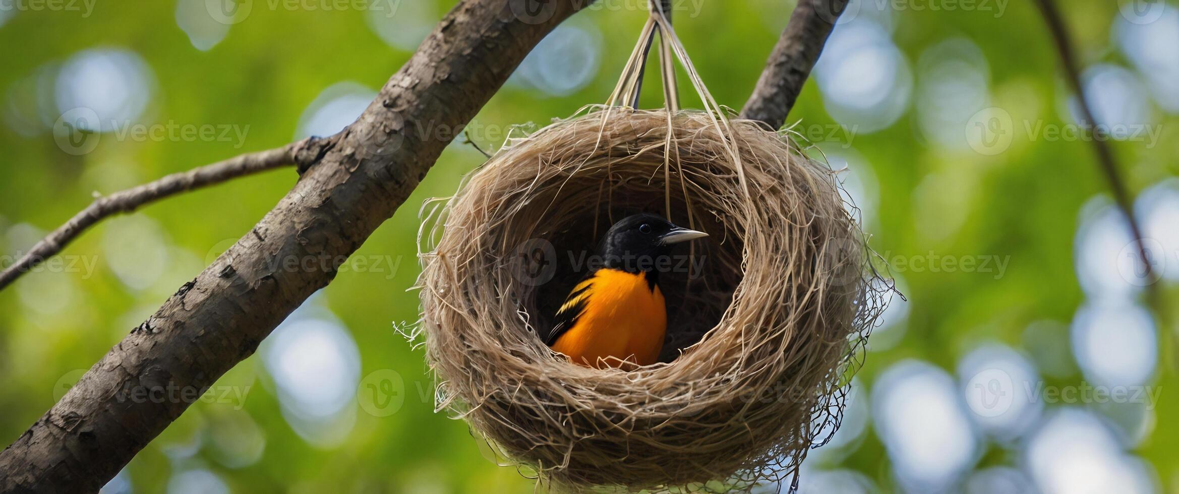 A baltimore oriole bird in its nest photo
