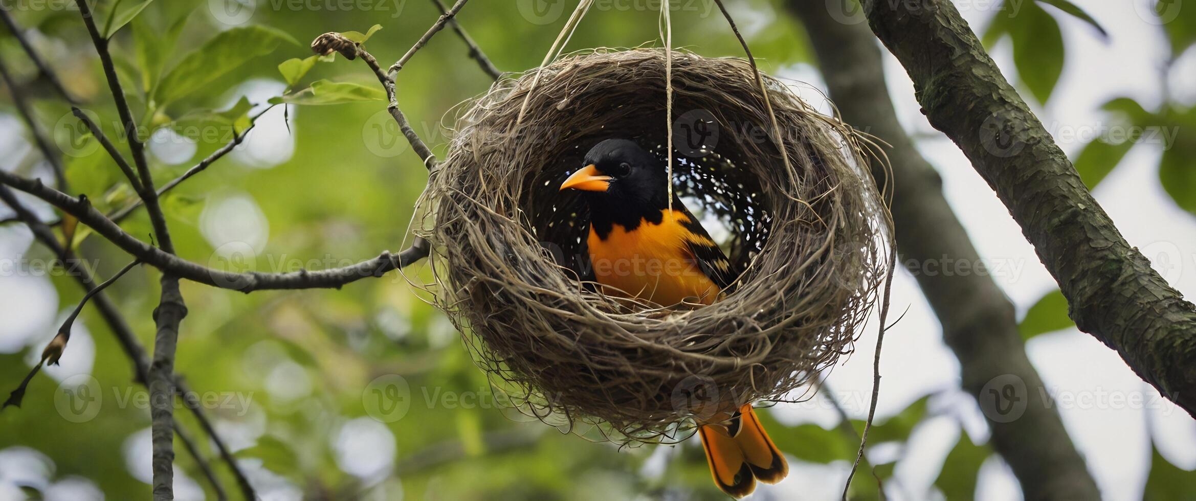 A bird is sitting in a nest on a tree branch photo