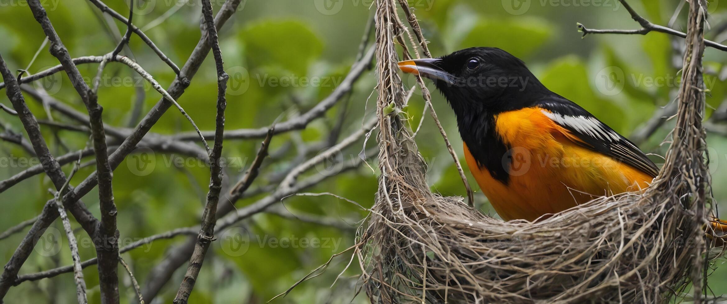 An orange and black bird sits on top of a nest photo