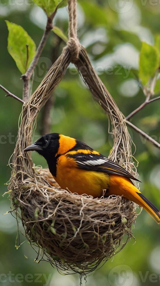 A bird is sitting in a nest with twigs photo