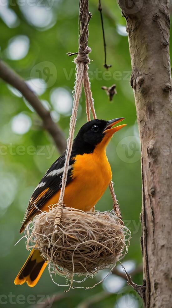 A baltimore oriole sits on a nest in the woods photo
