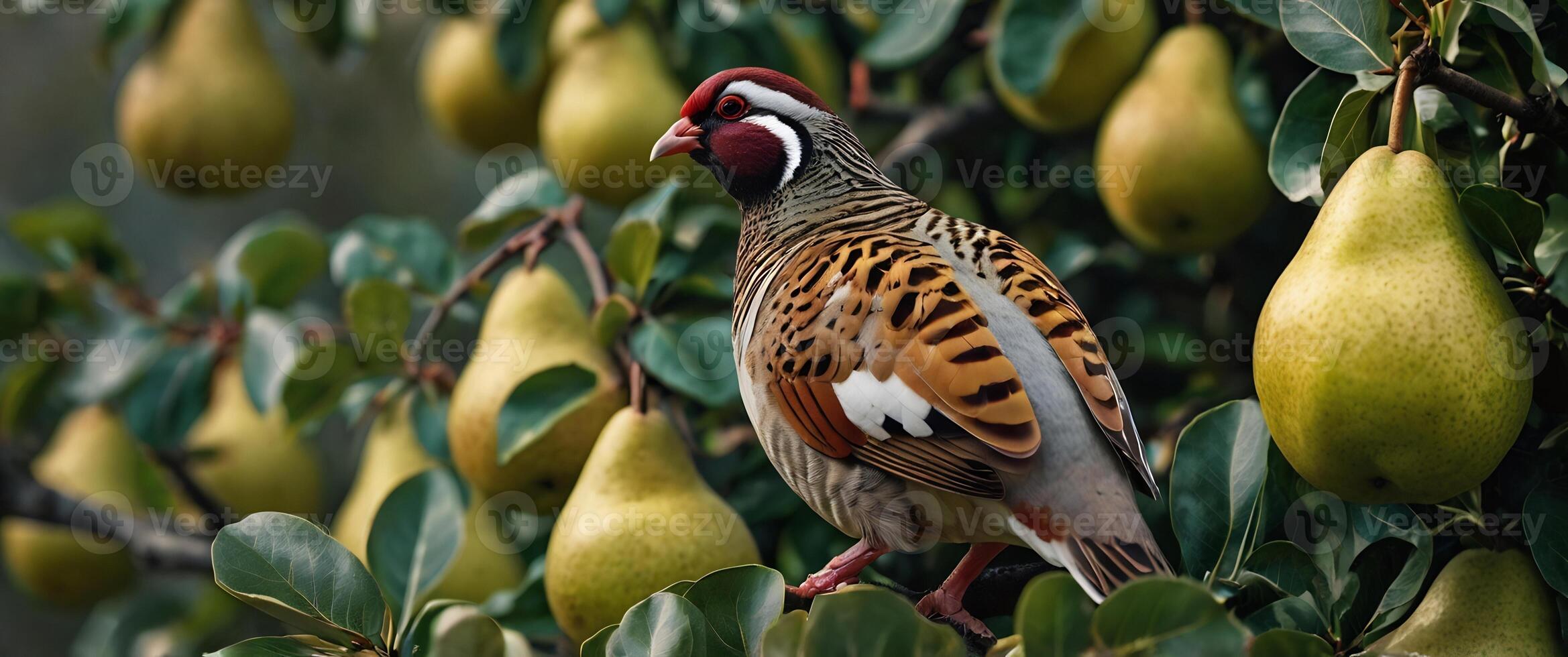 A bird is sitting on a tree branch with pears photo