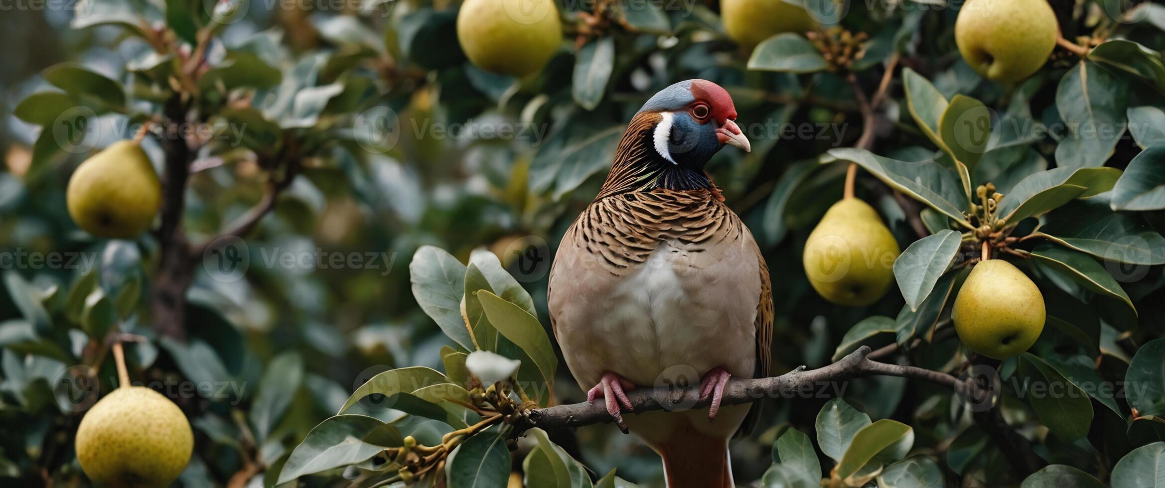 A bird is sitting on a branch with fruit photo